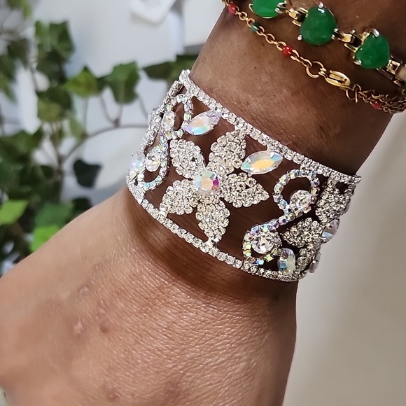 Silver Open Cuff Glam Bracelet Iridescent and Clear Crystal Design - Picture 8 of 8